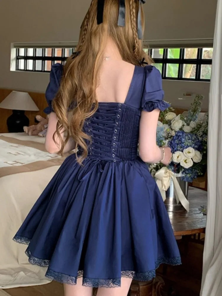 MQTIME - Y2K Princess Lace Patchwork Kawaii Dress Women Square Collar Off Shoulder Lace Up A-line Puff Sleeve French Style Party Dresses