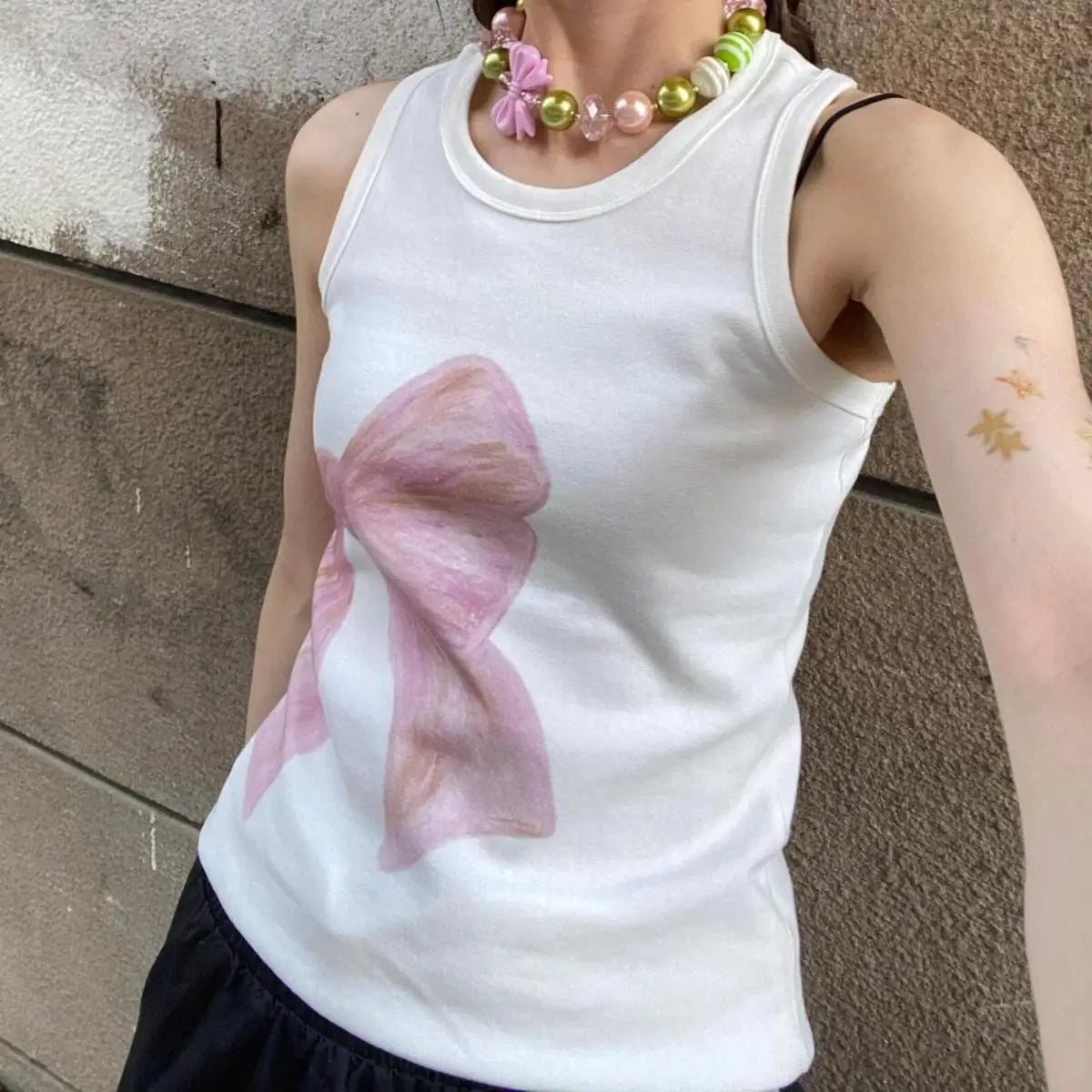 MQTIME - Bow Graphic Print White Tank Top Sleeveless Vest T-Shirt Women Summer T Shirt e-girl harajuku fairycore 2000s y2k tee aesthetic