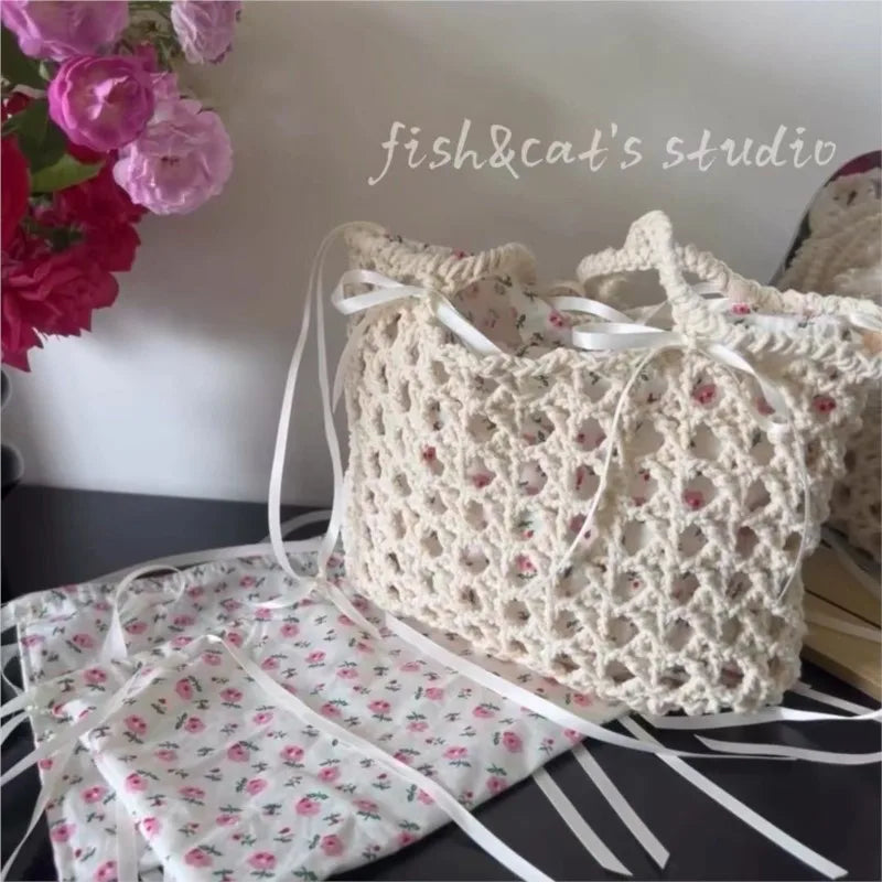 nvxiot - Fairycore Floral Straw Bag Purse Women Summer Holiday Large Capacity Woven Handbag Ladies Retro Cute Beach Bag Aesthetic