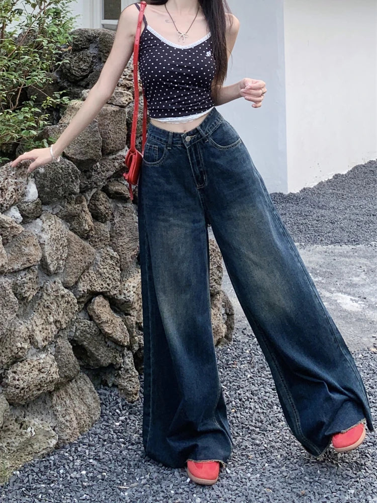 nvxiot - Women's A-line Wide Leg Blue Thin Jeans Young Girl Street Summer New Straight Baggy Bottoms Casual Trousers Female Loose Pants