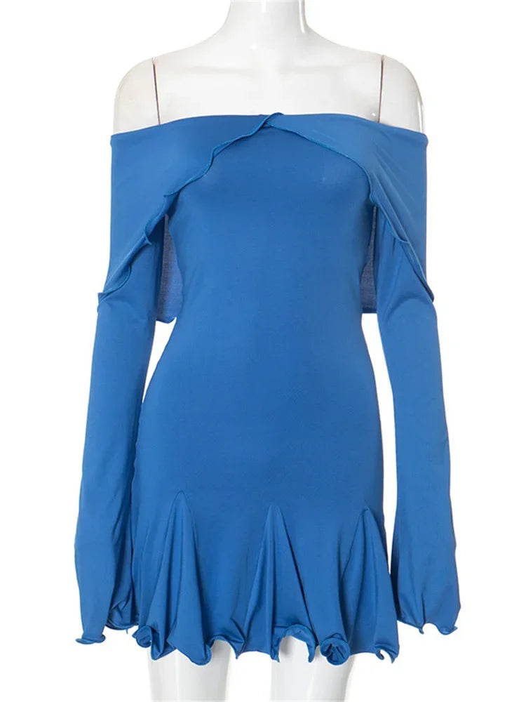 nvxiot - Ruffled Off-Shoulder Casual MIni Dress For Women Long Sleeve Patchwork Solid High Waist Party Dress Female Dress Autumn