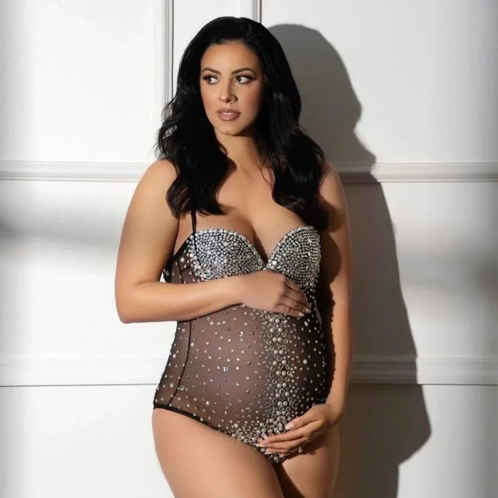MQTIME - Maternity Bodysuit Photography Props Clothes Sexy Black Pregnant Women Rhinestones Stretch Jumpsuits For Photo Shoot Props