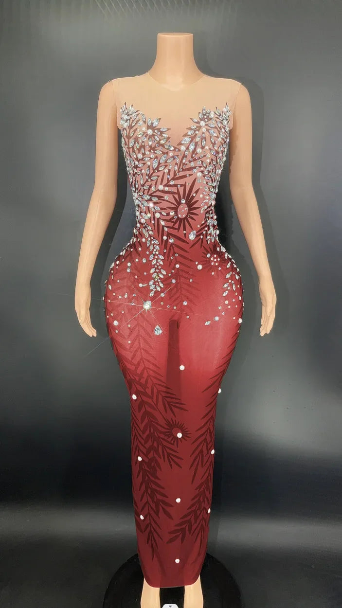 MQTIME - Elegant Stretchy Mesh Printed Red Evening Dress For Party Banquet Embellished Maternity Dresses for Pregnancy Photoshoot