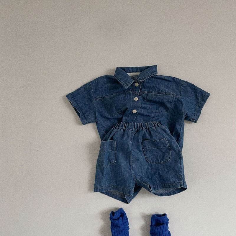 nvxiot Baby Boy Clothes Set Summer New Denim Jeans Short-sleeved Shorts Suit Fashion Denim Lapel Shirt Children Two-piece Clothing Suit