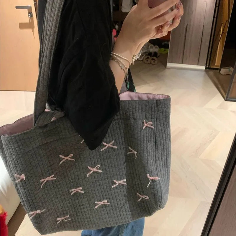 nvxiot - Large Capacity Grey Tote Bag Women Harajuku Bow Chic Canvas Handbag Messenger Bag Ladies Casual Crossbody Bags Aesthetic