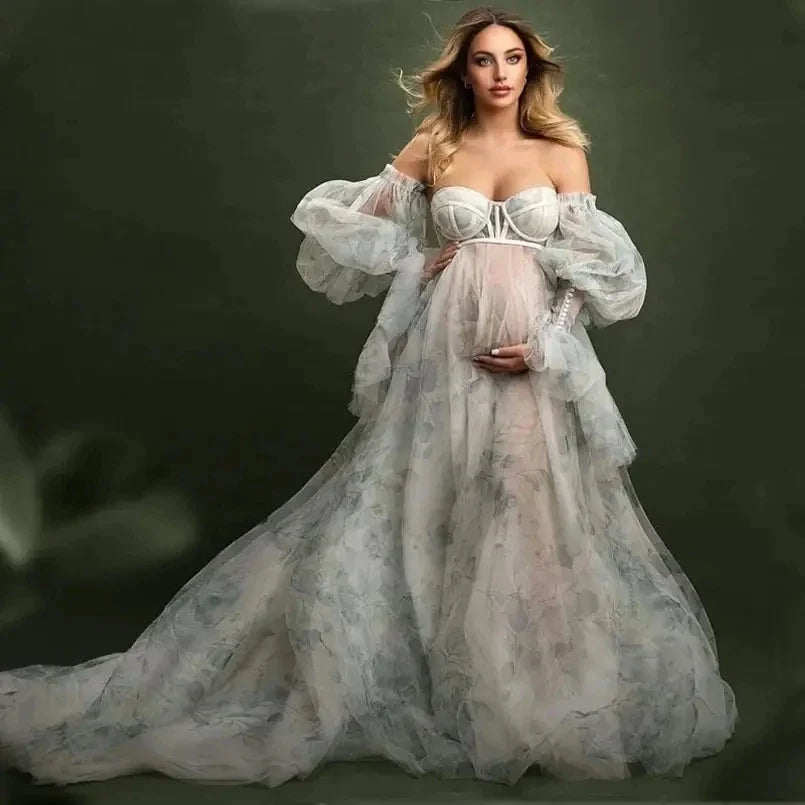 nvxiot Floral Printing Maternity Dress for Photoshoot Pregnancy Pregnant Gowns with Removable Sleeve for Photoshoot Pregnancy