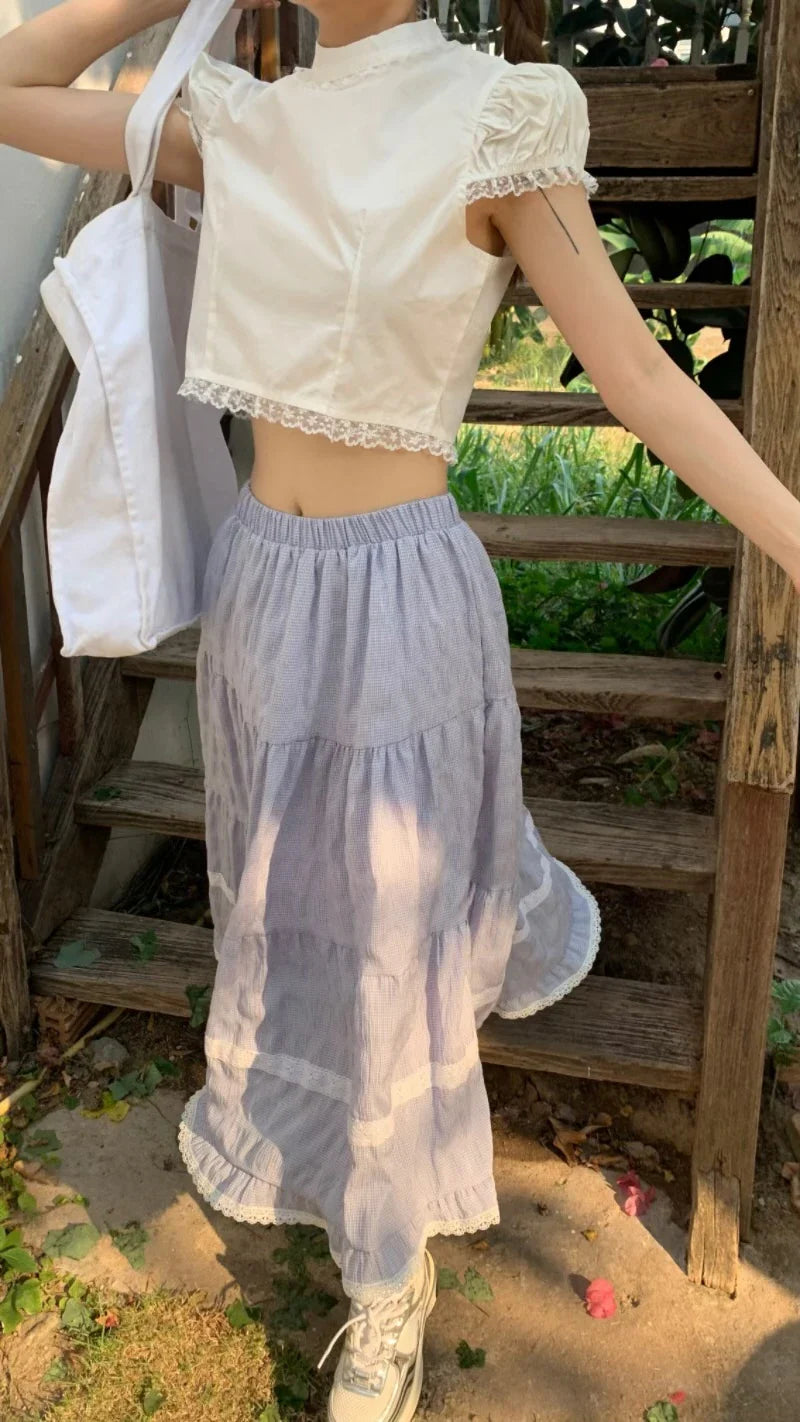 MQTIME - Elastic Waist Cotton Plaid Skirt with White Lace Hem Midi Long Skirts Women Summer #e-girl fairycore 2000s aesthetic korean cute