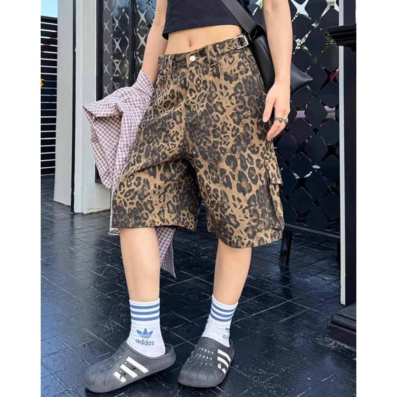 nvxiot - Women's Shorts Jeans Leopard Print High Waist Straight Pants Streetwear Cargo Y2K Vintage Female Wide Leg Denim Shorts Pants