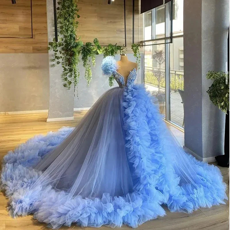 nvxiot - Ruffles Women Tulle Formal Party Gowns V Neck Long Evening Dresses 2024 Puffy Ball Gown Maternity Photo Dress