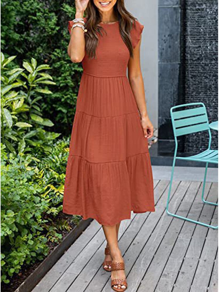 nvxiot New Maxi Dresses for Women Leisure Fashion Summer Elegant Chic Ruffle Sleeve Shirred Party Vacation Prom Dress Female Clothing