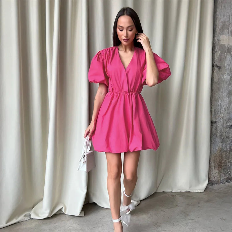 nvxiot Elegant V-Neck Lantern Pleated White Dresses For Women Fashion Solid Party Summer Mini Dress Princess Dress Vestidos