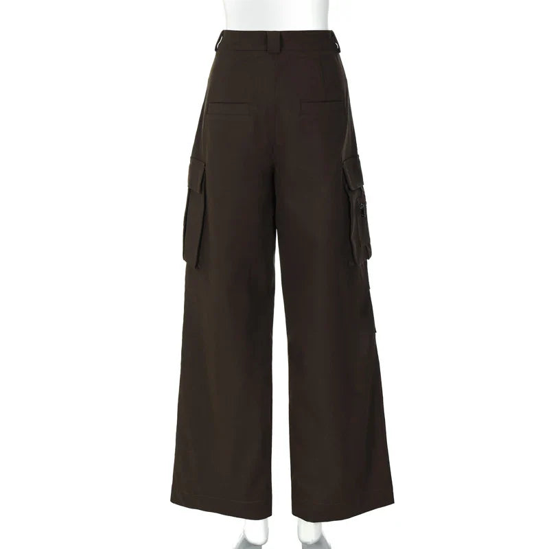 nvxiot - Zipper Pockets High Waist Solid Y2K Streetwear Wide Leg Women'S Cargo Pants Casual Daily Vacation Wholesale Clothing