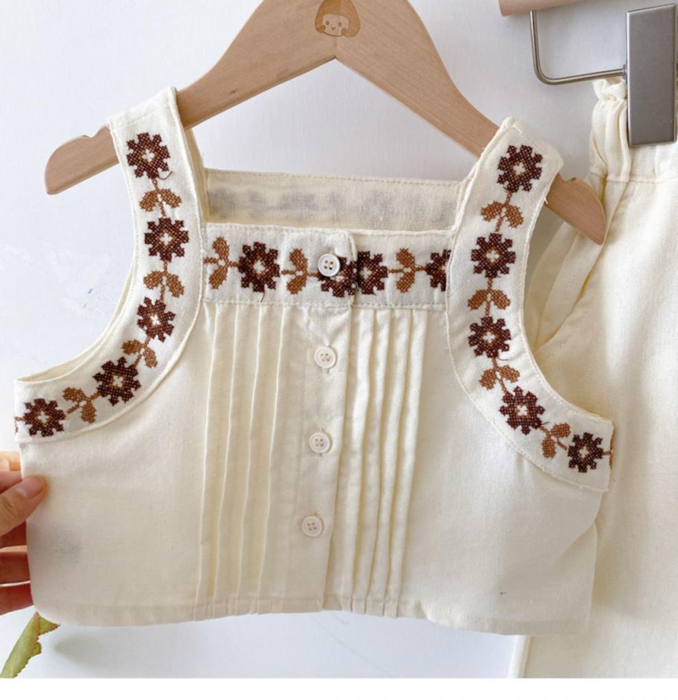 nvxiot Girl Clothes Sets Summer Solid Color Linen Cotton Spaghetti Strap Emboried Tops Wide Leg Pants 2Pcs Outfits Sets With Pants 2-7Y