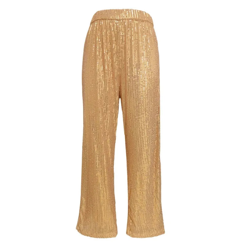 nvxiot - Sparkling Sequins Wide Leg Pants Women Fashion High Waist Loose Casual All Match Trousers Club Party Bottoms Christmas Outfits