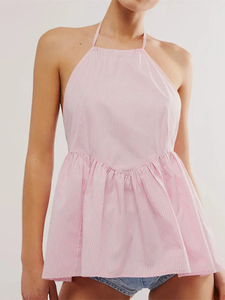 nvxiot - Striped Halterneck Tops Women 2024 Summer Sexy Straps Backless Shirts Blouses Female Casual Sleeveless Y2k Holiday Beachweaer
