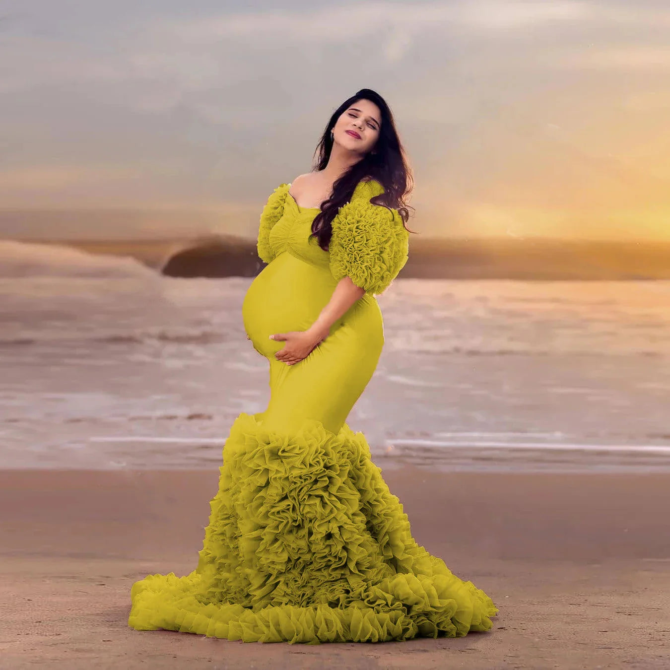 nvxiot - Women Dresses Stretchy Elegant Pink Mermaid Maternity Dress Half Sleeves Tulle Layered Maternity Gowns Off Shoulder
