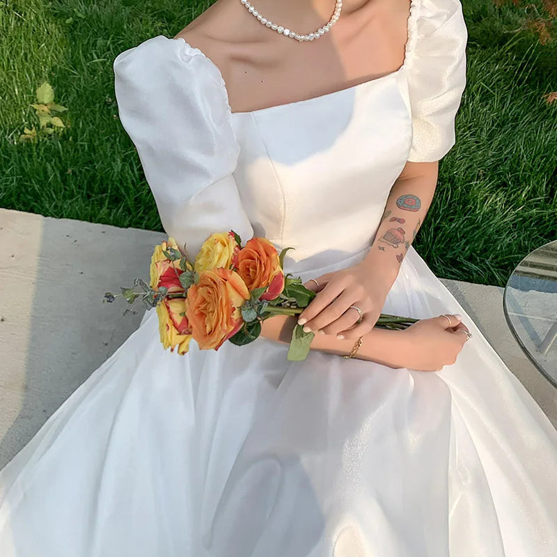 MQTIME - Wedding Party Dress Puff Sleeves French Style Simple Square Collar Dreamy Evening Dresses Grace Romantic Gentle Fashion Gown New