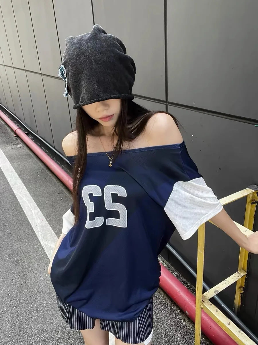 MQTIME - Streetwear Y2k Graphic T Shirts Women Oversized Vintage Off Shoulder Tees Harajuku Letter Printed Short Sleeve Tops
