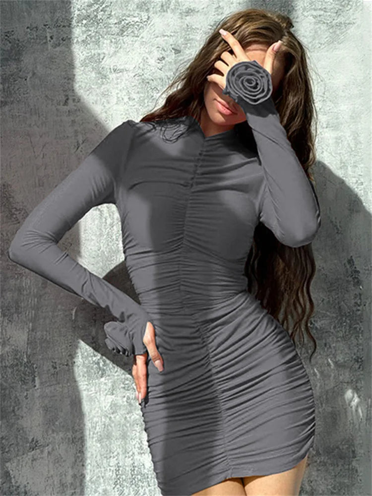 nvxiot - Floral Slim Pleated Mini Dress Women's Long Sleeve High Waist Solid Casual Sexy Y2k Dress Female Autumn Clothes Mini Dress