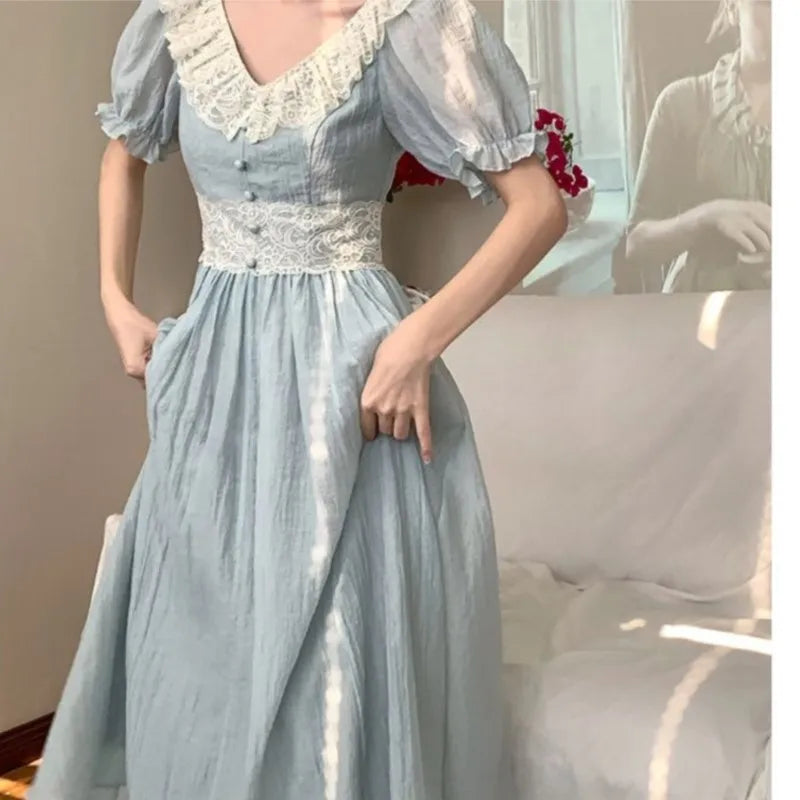 MQTIME - French Puff Sleeve Women Dress For Summer New Vintage Slim Waist Party Midi Dresses Chic V-neck Lace Lady Vestidos Robe A-line
