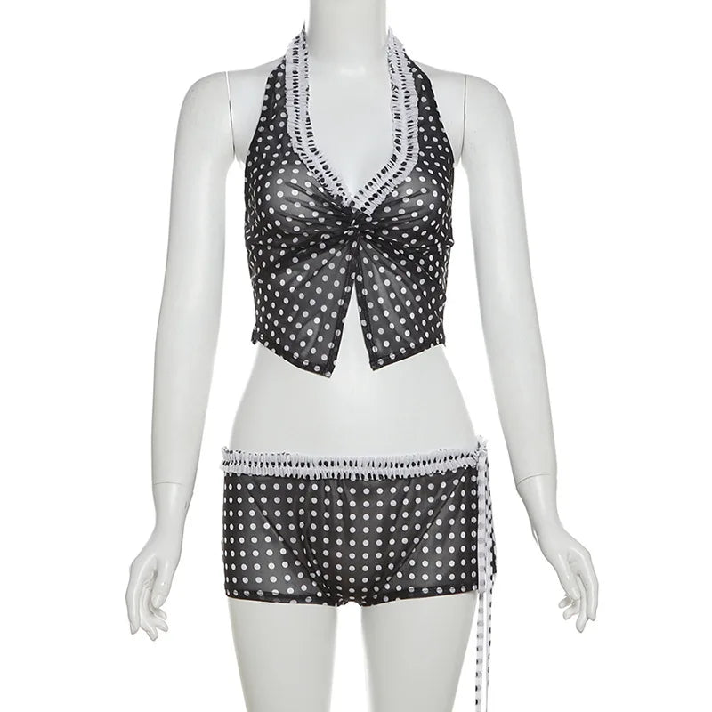 nvxiot - Y2K Polka Dots Short Skirt Sets For Women New In Matching Set Kinked Crop Tank Top Low Rise Lacing Hot Shorts Swimwear