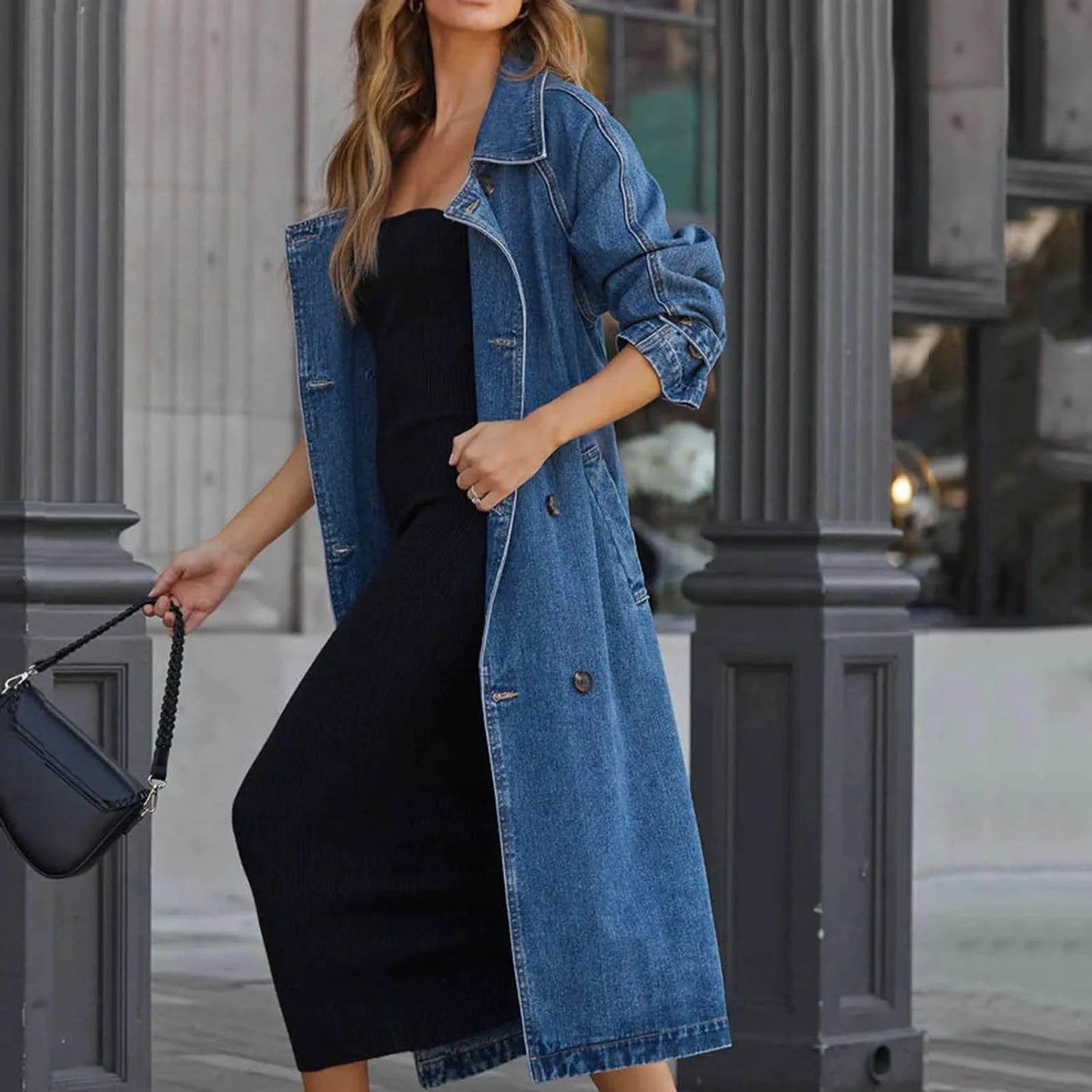 MQTIME - Women's Vintage Deep Blue Midi Long Jean Jacket Spring New Loose Fit Double Breasted Denim Jacket Trench Coat With Belts