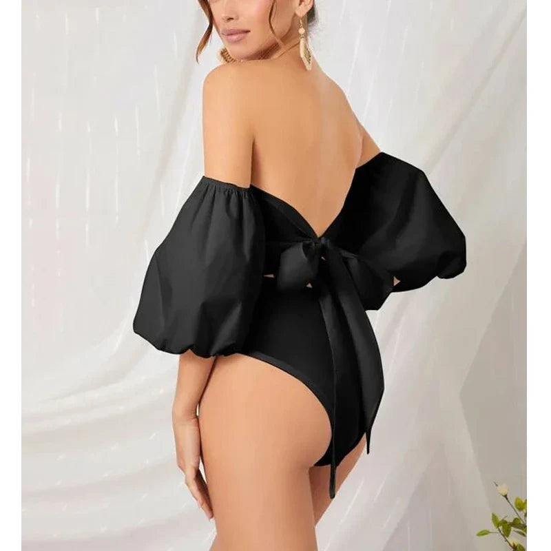 MQTIME - Stylish Off Shoulder Puff Sleeve Backless Swimsuit with Tied Waist