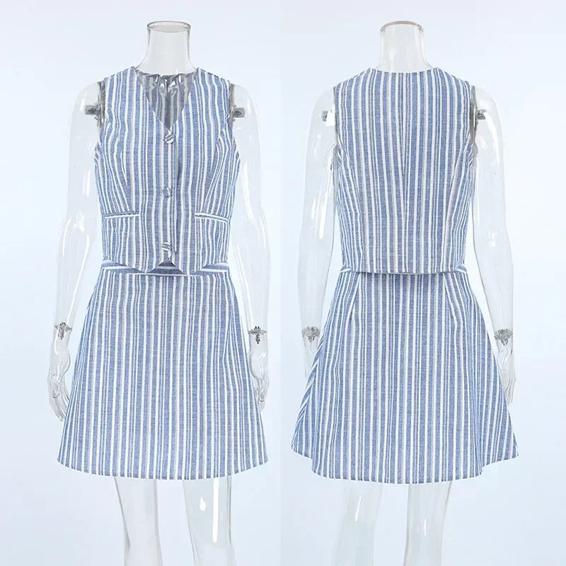 MQTIME - Striped Skirts Sets Women Elegant V-neck Sleeveless Single Breasted Fake Pockets Vest A-line Skirt Suit 2024 Summer Lady Outfit