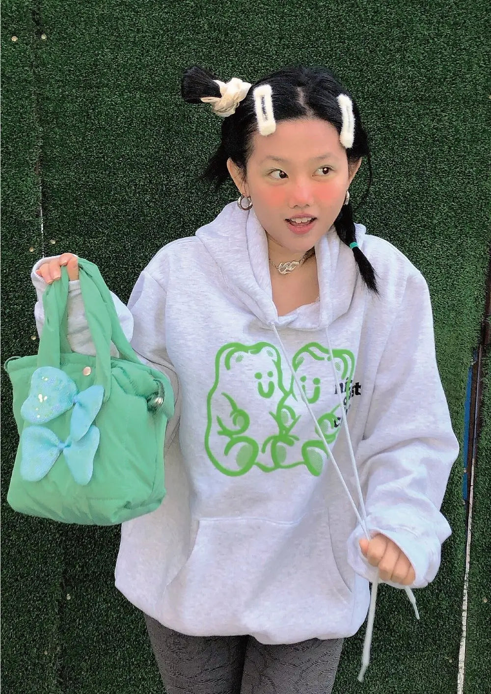 nvxiot - Harajuku Bow Tote Bag Women Vintage Sweet Cool Girls Casual Cute Hand Bag Ladies Fairycore Aesthetic Green Handbag