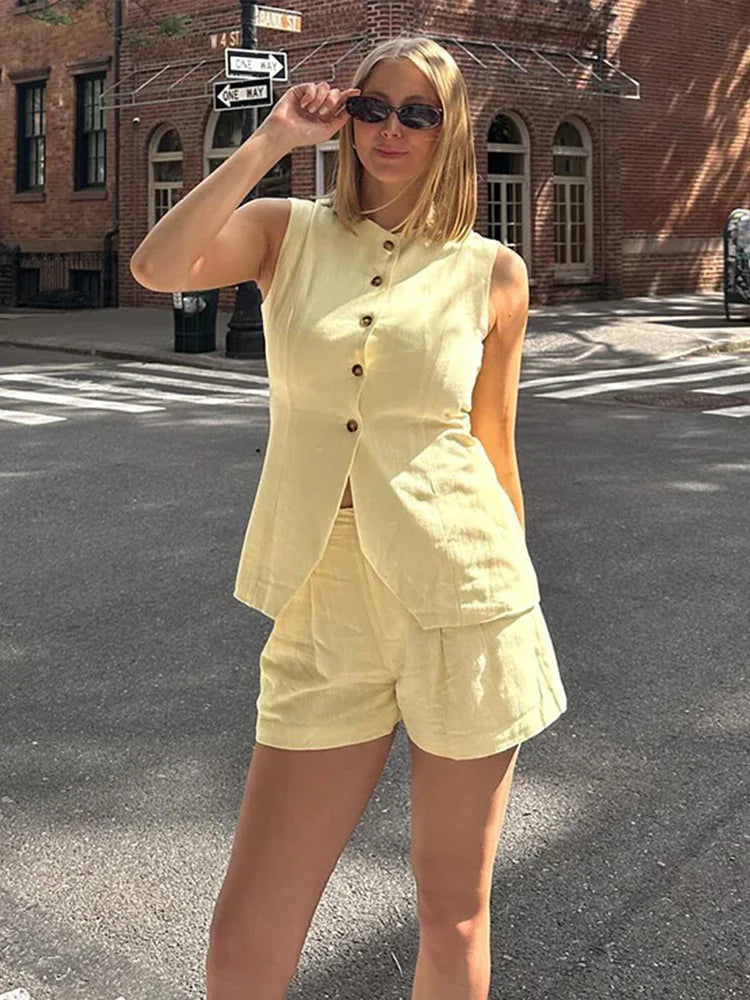 MQTIME - Casual Shorts Sets Women Single Breasted O-neck Sleeveless Vest High Waist Shorts 2024 Summer Slim Solid Office Lady Outwear