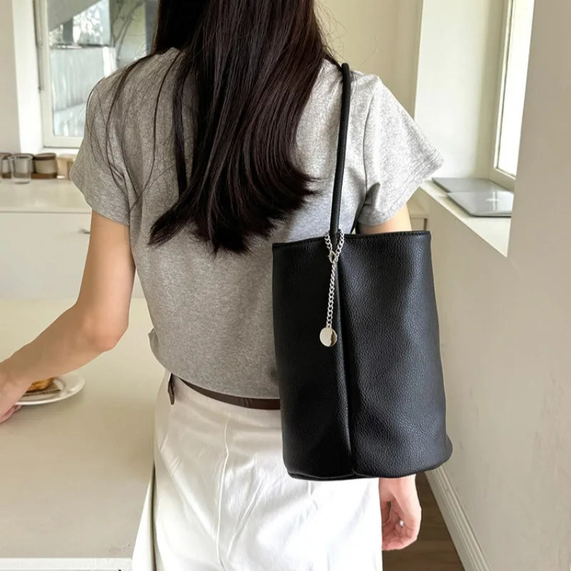 nvxiot - Fashion Shoulder Bag for Women Simple Black Casual Pu Leather Bucket Bag Elegant Korean Style Exquisite New Ladies Handbag
