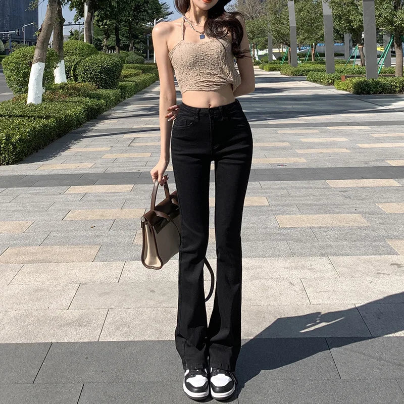 nvxiot High stretch denim flared pants women's spring and summer new slim-fit high-waisted straight jeans retro design sense pants