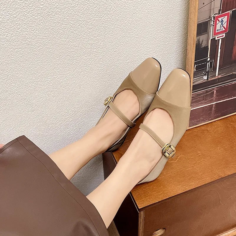 MQTIME - Women's Flats Patchwork Mary Janes Shoes Square Buckle Designer Shoes for Female Spring Autumn Girls Princess Leather Shoe 1755N