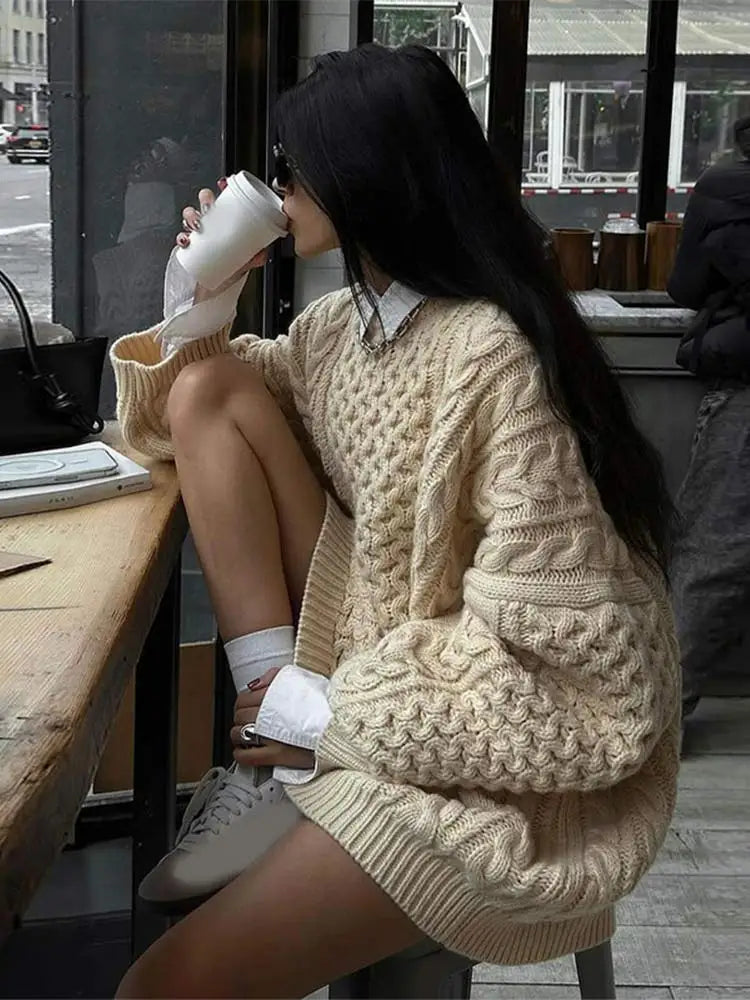MQTIME - Women Overtised Loose Solid Long Sleeve Knit Cardigan Elegant O Neck Short Sweaters 2024 Autumn Lady High Streetwear
