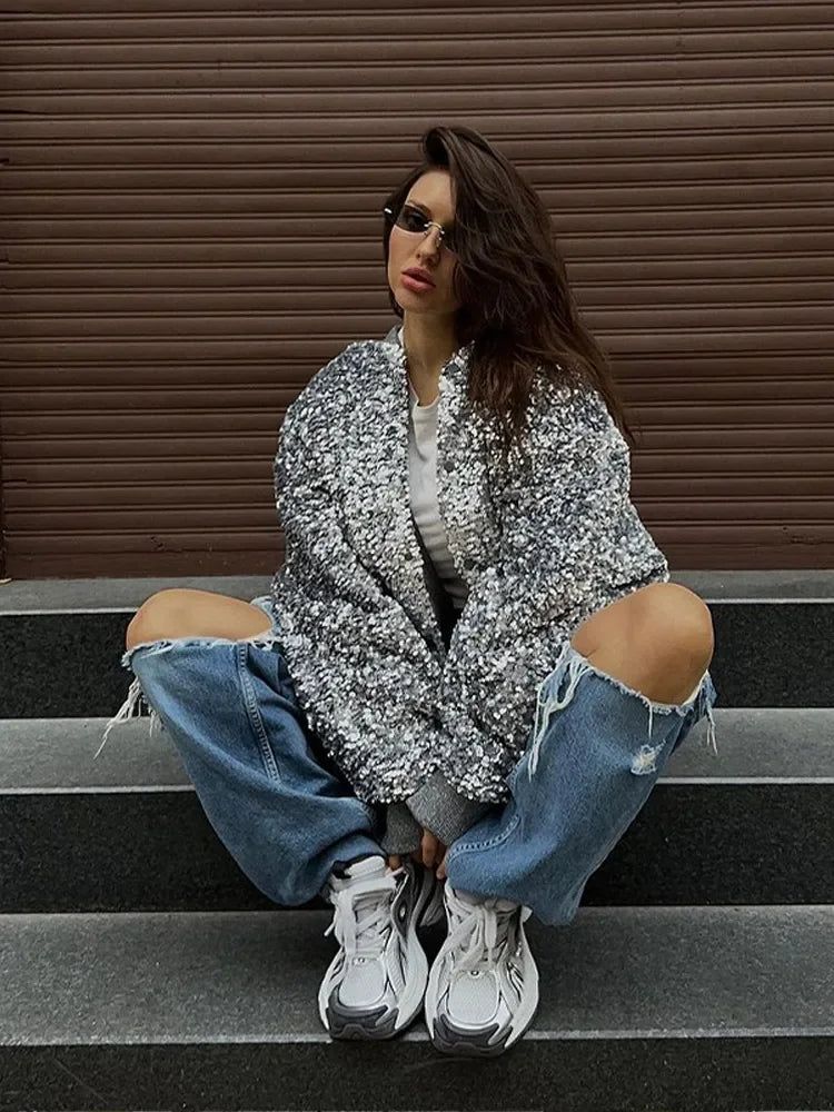 MQTIME - Sequin Bomber Jacket Women Long Sleeve V-neck Single Breasted Pocket Coat Female Autumn Winter Casual Fashion Y2K Streetwear
