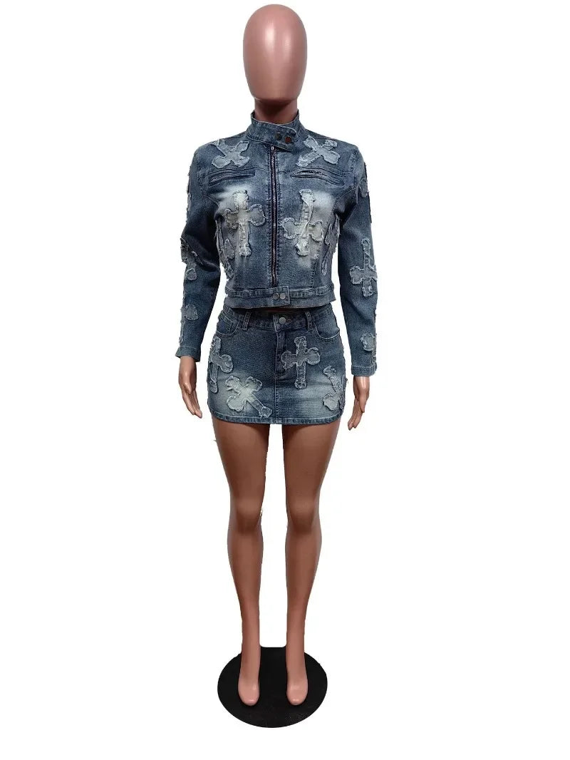 nvxiot - Embroidery Tassel Jeans Two Piece Set Women Stand Collar Long Sleeve Short Jackets Tops Bodycon Mini Skirts Fashion Denim Suits