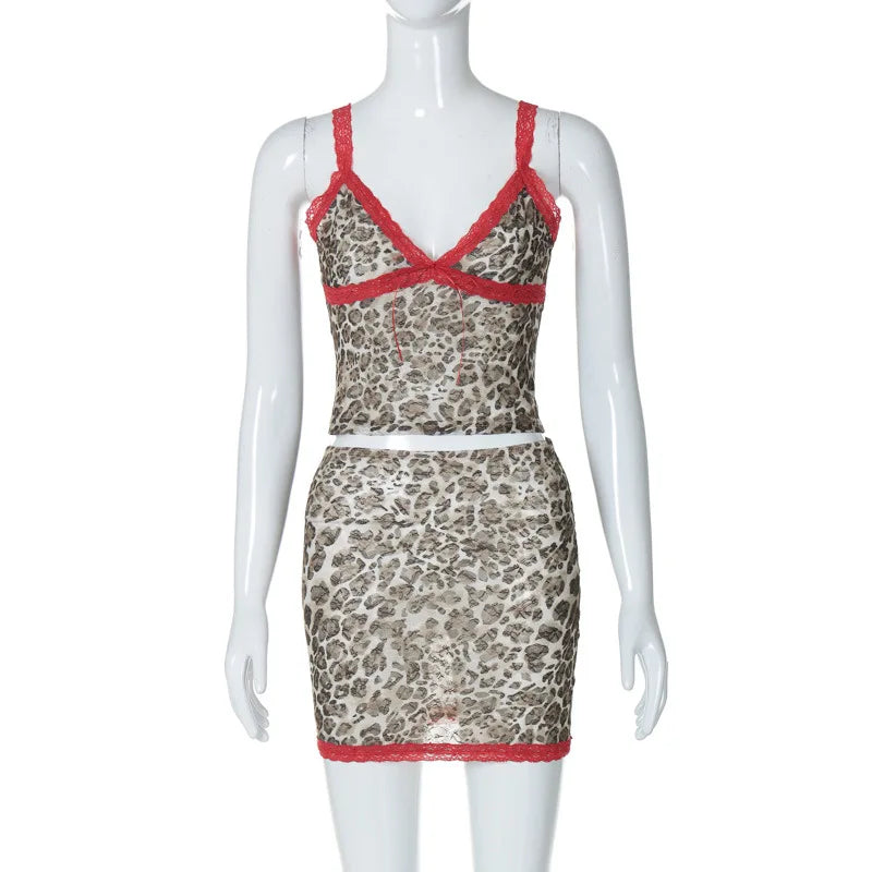 MQTIME - Leopard Lace Spliced Mini Skirt Set Women V-Neck Tank Top Crop Slim Short Skirt Suit Hottie Y2K Outfit Streetwear 2024