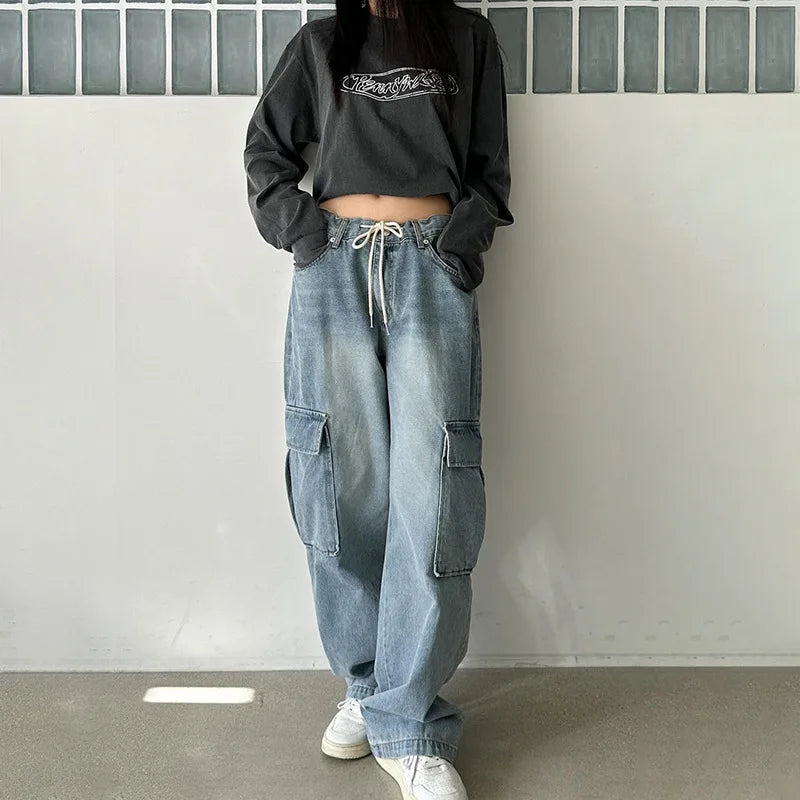 nvxiot American lace-up low waist cargo jeans women's wash blue loose draping mopping pants large pocket denim cargo pants summer thin