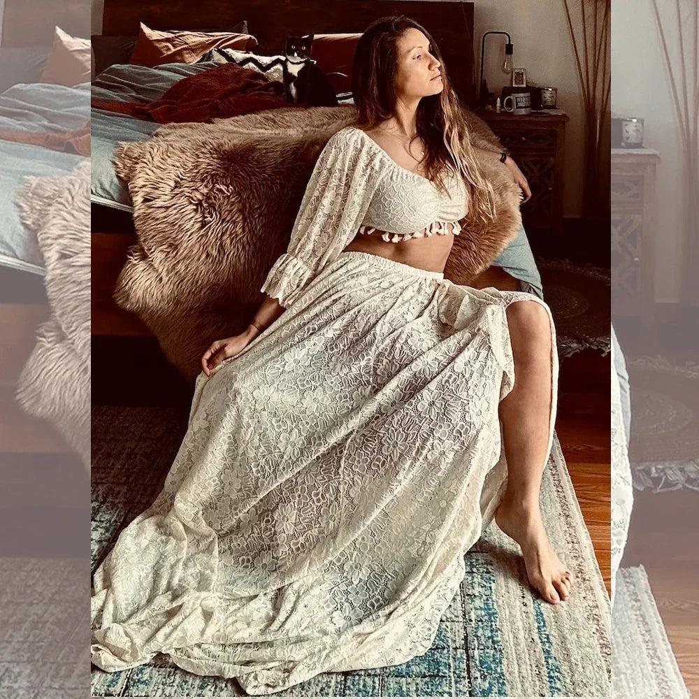 nvxiot - Sexy Boho Maternity Photography Props Dress Hollow Lace Two Piece Set Split Dress Pregnant Dress Baby Shower Dress