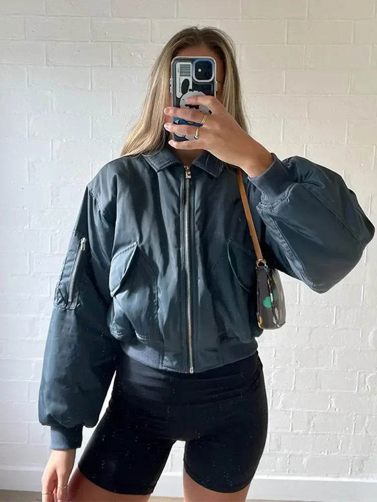 MQTIME - Women Lapel Zipper Pocket Solid Bomber Jacket Fashion Casual Long Sleeves Padded Coat 2024 Autumn Winter Female Street Outwear