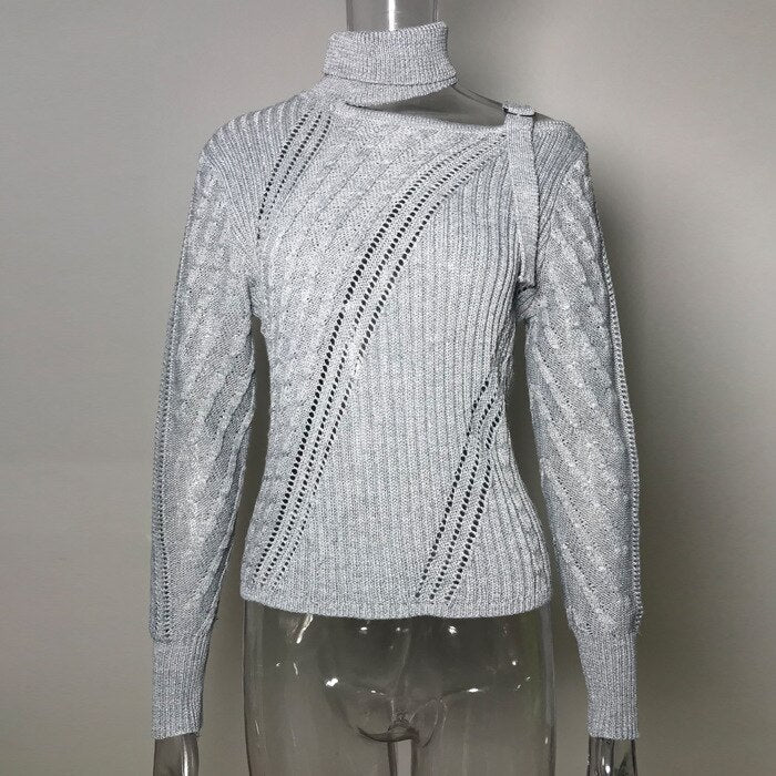 nvxiot knitted hollow out sweater pullovers female one shoulder belt turtleneck oversized sweater streetwear casual vintage top