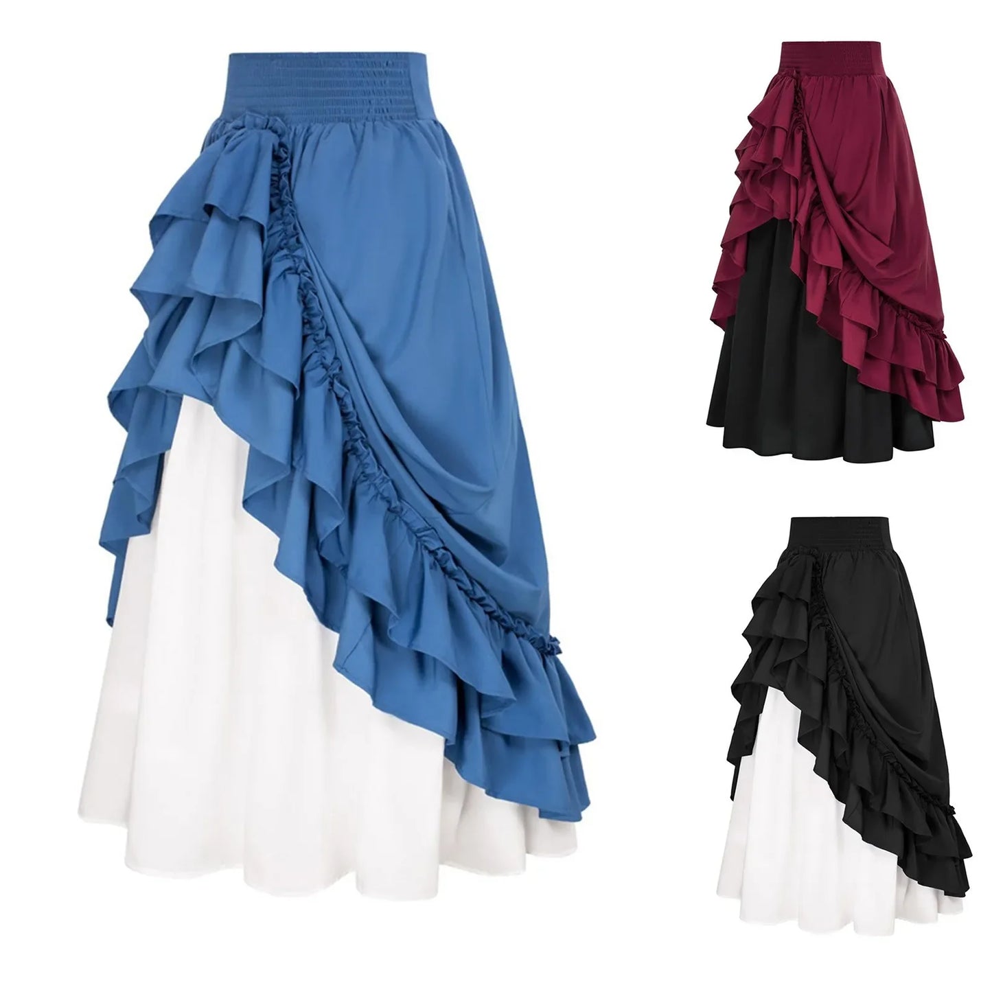 MQTIME - Medieval Skirts Women Retro Layer Ruffled High Waist Maxi Skirt Halloween Cosplay Costume Casual Patchwork Drawstring Skirt