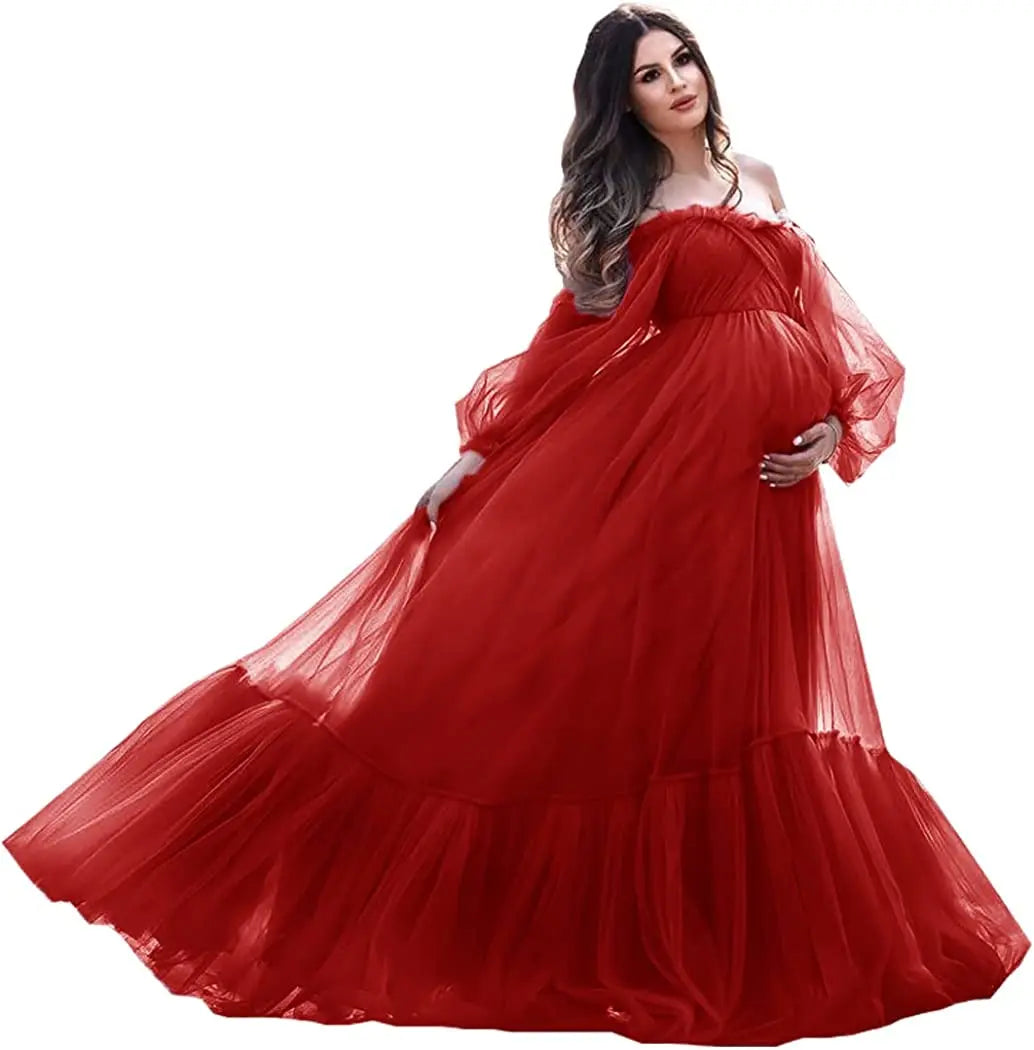 nvxiot - Puffy Sleeve Maternity Dress Tulle Robe With Underskirt for Photoshoot Off Shoulder Pregnancy Baby Shower Gown