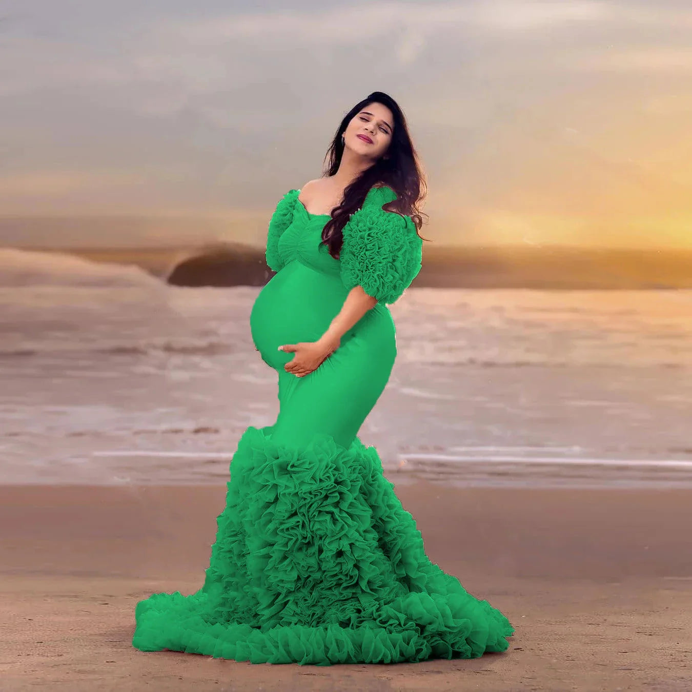 nvxiot - Women Dresses Stretchy Elegant Pink Mermaid Maternity Dress Half Sleeves Tulle Layered Maternity Gowns Off Shoulder