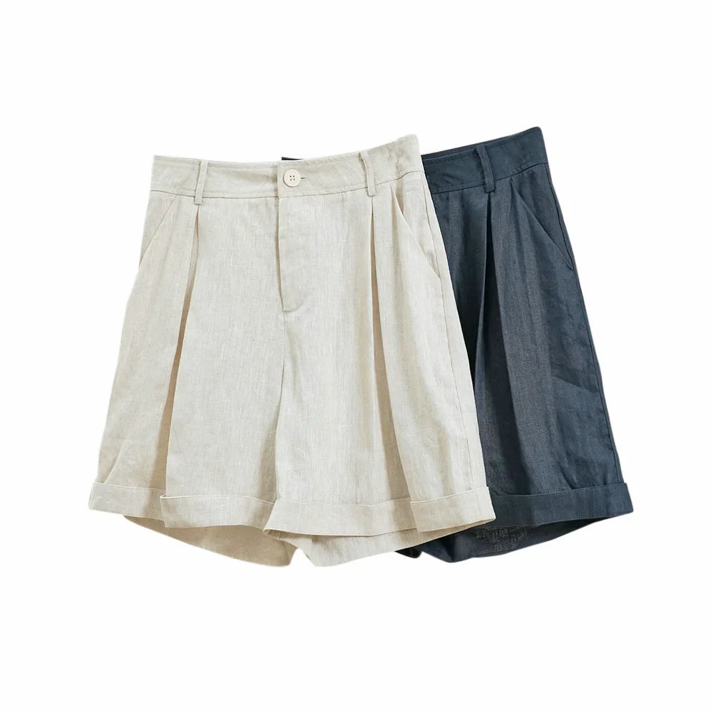 nvxiot - Summer Korea Style Lazy Linen Curled Shorts Wide Leg Loose Slim Casual Hot Pants For Women