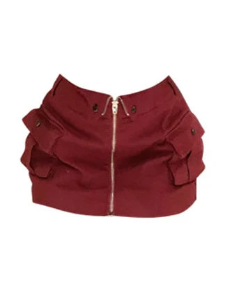 MQTIME - Sexy Red Zipper Mini Skirt Hotsweet High Street Pocket Cargo Skirt Korean Style Design High Waist Slim Skirts for Women