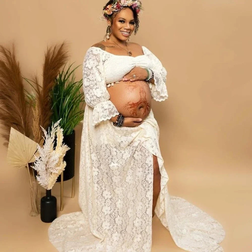 nvxiot - Sexy Boho Maternity Photography Props Dress Hollow Lace Two Piece Set Split Dress Pregnant Dress Baby Shower Dress