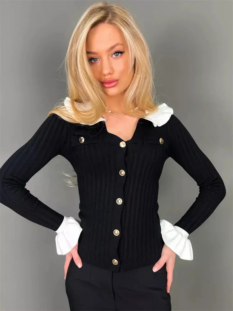 MQTIME - Ruffled Knit Cardigan Sweater For Women V-Neck Contrast Pocket Patchwork Slim Elegant Cropped Top Female Knitwear Cardigan