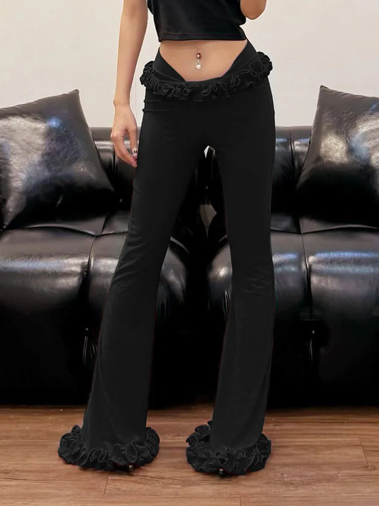nvxiot - Women Ruffles Slim Flare Pants Elastic Waist Fashion All Match Boot Cut Trousers Summer Casual Streetwear Bottoms