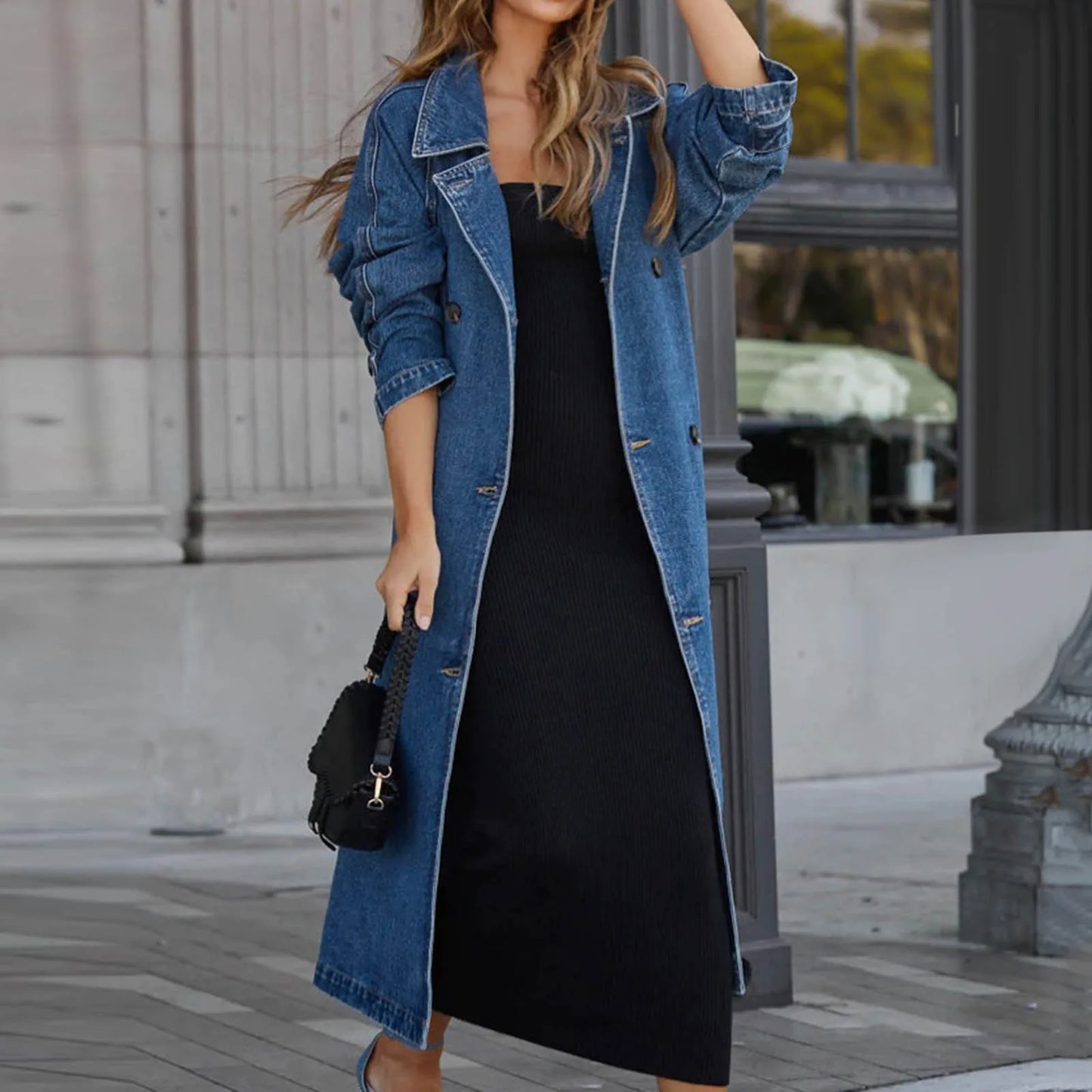 MQTIME - Women's Vintage Deep Blue Midi Long Jean Jacket Spring New Loose Fit Double Breasted Denim Jacket Trench Coat With Belts